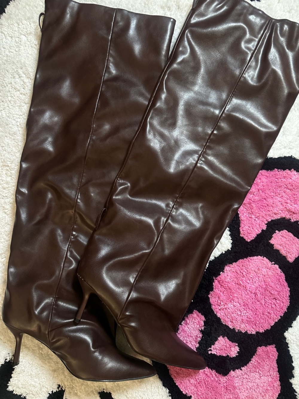 Brown Faux Leather Knee-High Stiletto Boots